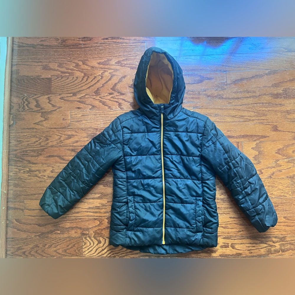 Kids Hooded Puffer Jacket in Navy with Yellow Trim